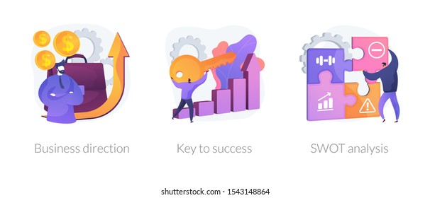 Profit growth, career success achievement, strengths and weaknesses assessment icons set. Business direction, key to success, swot analysis metaphors. Vector isolated concept metaphor illustrations