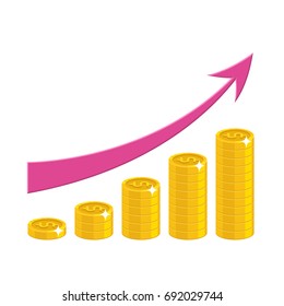 Profit growth cartoon style isolated. The increase of profit in gold dollars for designers and illustrators. Gold pieces income growth in the form of a vector illustration