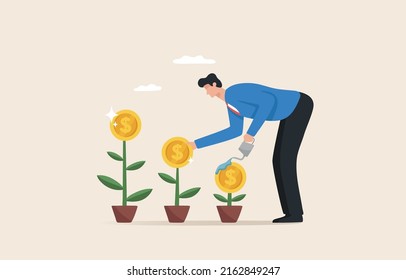 Profit Growth. Divide Your Investment Portfolio Into Sections. Manage Your Investments With Stability And Wealth. A Businessman Waits For The Seedlings To Grow.