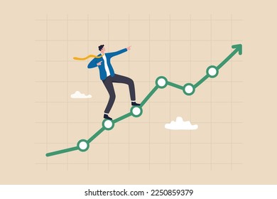 Profit growth, economic uptrend or growing investment, improvement or growth chart, financial forecast or prediction concept, confidence businessman pointing up with rising financial chart and graph.