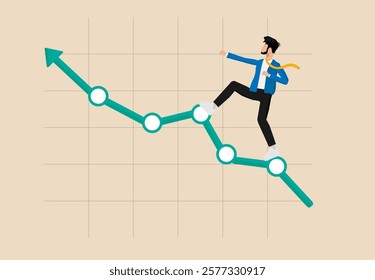 Profit growth, economic uptrend or growing investment, confidence businessman pointing up with rising financial chart and graph, improvement or growth chart, financial forecast or prediction concept. 