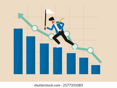 Profit growth, economic uptrend or growing investment, businessman pointing up with rising financial chart and graph, improvement or growth chart, financial forecast or prediction concept 