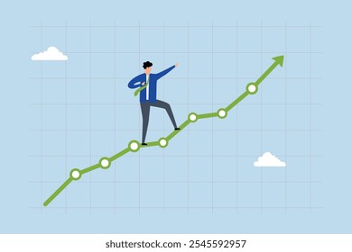 Profit growth, entrepreneur gesturing upwards with an increasing financial chart and graph. 