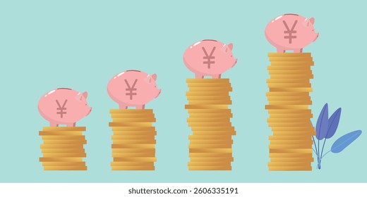 Profit growth, financial chart, vector icons yen, yuan. Piggy banks, gold coins, profitable investments, deposit income, budget, economy, wealth