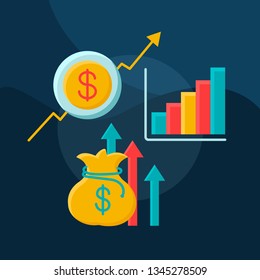 Profit growth flat concept vector icon. Income increasing idea cartoon color illustrations set. Business development. Stock market trading statistics. Isolated graphic design element