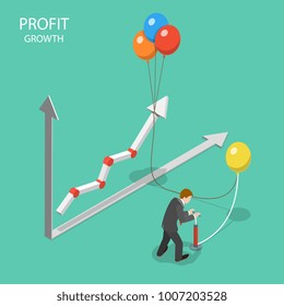 Profit growth flat isometric vector concept. Businessman is pumping balloons for rising up his financial graph that symbolize his incomes.