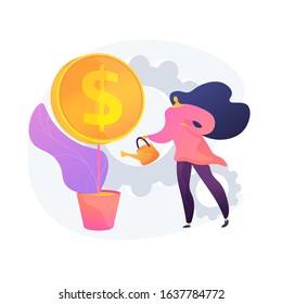 Profit growth, fundraiser. Businesswoman watering money tree. Income increase, growing income, economic literacy idea creative design element. Vector isolated concept metaphor illustration