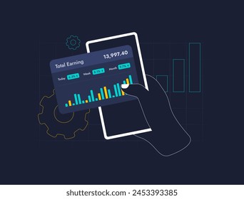 Gráfico de crecimiento de ganancias, gráfico de aumento de ingresos. Fluctuación en las ganancias, ilustración de éxito financiero con gráfico de crecimiento empresarial y aumento de las ganancias. Ilustración vectorial de contorno sobre fondo negro