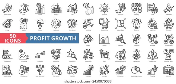 Profit growth icon collection set. Containing revenue, sales, margin, expansion, innovation, efficiency, cost icon. Simple line vector.