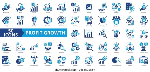 Profit growth icon collection set. Containing revenue, sales, margin, expansion, innovation, efficiency, cost icon. Simple flat vector.