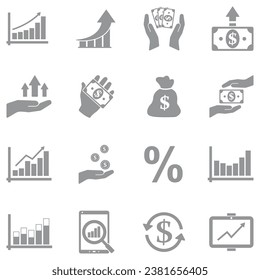 Profit Growth Icons. Gray Flat Design. Vector Illustration. 
