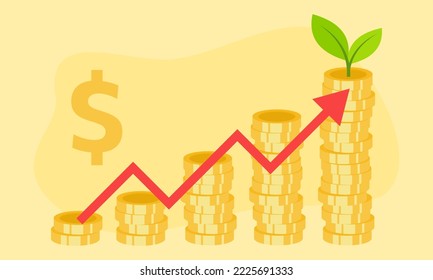 Profit growth illustration with stages plant grow coins and rising graph arrow. Concept of business success, economic or market growth, investment revenue, capital earnings, benefit.