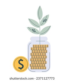Profit growth or increased revenue. Growing investment or donation. Financial concept. Financial management. Bank deposit. Money plant. Glass jar full gold coins. Interest rate growth. Money box.