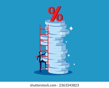 Profit growth rate. Businessman climbs ladder on growing pile of coins 