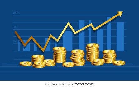 Profit growth with stages to grow coin and rising arrow chart. Concept of business success, economic or market growth, investment income, capital gains, benefit. Simple flat vector style