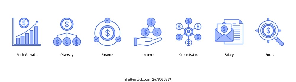 Ilustración vectorial de Anuncio de Web de Beneficio y Crecimiento que presenta Crecimiento de Beneficio, Diversidad, Finanzas, Ingresos, Comisiones, Salario y Enfoque.