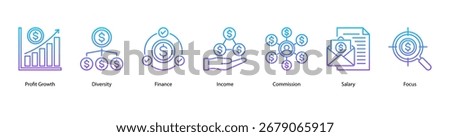 Profit and Growth web banner vector illustration featuring Profit Growth, Diversity, Finance, Income, Commission, Salary, and Focus.