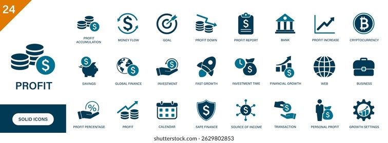 Ícone Lucro. Contendo dinheiro, crescimento, investimento, negócios, porcentagem de lucro, fonte de dinheiro. Conjunto de ícones de vetor sólido.