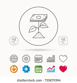 Profit icon. Money savings sign. Flower with cash money symbol. Calendar, Graph chart and Cogwheel signs. Download and Heart love linear web icons. Vector