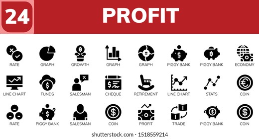 profit icon set. 24 filled profit icons.  Collection Of - Rate, Graph, Growth, Piggy bank, Economy, Line chart, Funds, Salesman, Cheque, Retirement, Stats, Coin, Profit icons