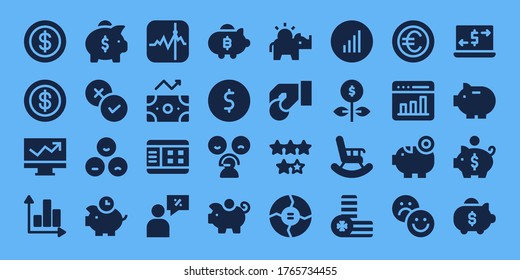 profit icon set. 32 filled profit icons. on blue background style Simple modern icons such as: Coin, Line chart, Graph, Piggy bank, Rate, Piggybank, Stocks, Profit, Salesman, Money box