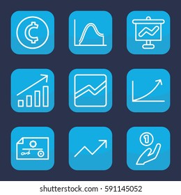 profit icon. Set of 9 outline profit icons such as line chart, graph, coin, coin on hand, check