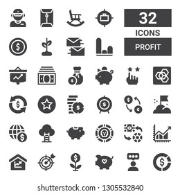 profit icon set. Collection of 32 filled profit icons included Diagram, Rate, Piggy bank, Growth, Goal, Amount, Profit, Exchange, Coin, Coins, Investment, Extension manager, Income