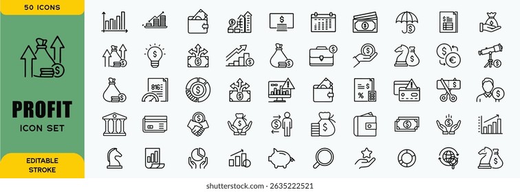 Profit icon set. Containing money, growth, investment, business, profit percentage, source of money. Solid vector icons set