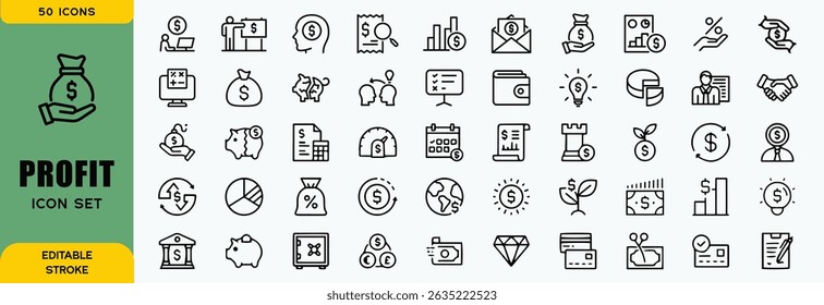Profit icon set. Containing money, growth, investment, business, profit percentage, source of money. Solid vector icons set