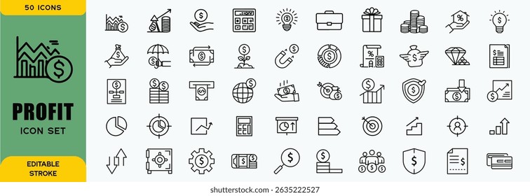 Profit icon set. Containing money, growth, investment, business, profit percentage, source of money. Solid vector icons set