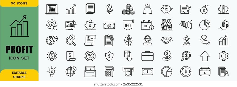 Profit icon set. Containing money, growth, investment, business, profit percentage, source of money. Solid vector icons set