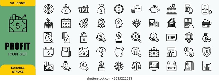 Profit icon set. Containing money, growth, investment, business, profit percentage, source of money. Solid vector icons set