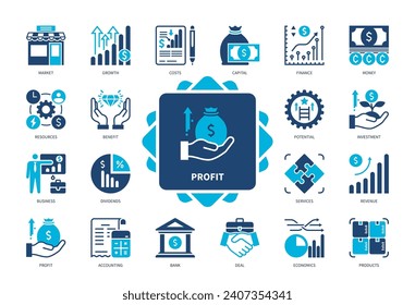 Icon-Set für Gewinnspiele. Finanzen, Produkte, Investitionen, Markt, Vorteile, Wirtschaft, Einnahmen, Rechnungslegung. Duotone-Farbsymbole