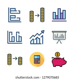 profit icon set. vector set about coin stack, piggy bank, bar chart and calculating icons set.