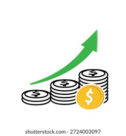 Icono de beneficios. Una pila de monedas de dólar creciendo de pocas a muchas con una flecha. Economía, negocios, banca. Estilo de diseño mixto.