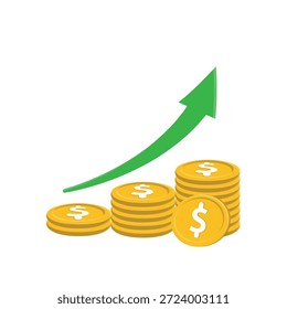 Profit icon. A stack of dollar coins growing from few to many with an arrow. Economics, business, banking. Isometric design style.
