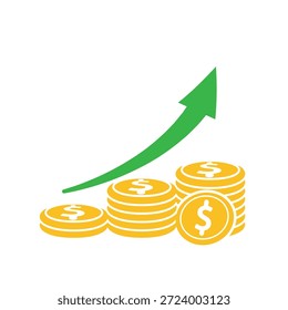 Profit icon. A stack of dollar coins growing from few to many with an arrow. Economics, business, banking. Flat design style.