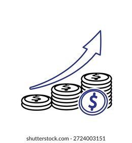 Profit icon. A stack of dollar coins growing from few to many with an arrow. Economics, business, banking. Outline design style.