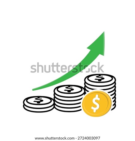 Profit icon. A stack of dollar coins growing from few to many with an arrow. Economics, business, banking. Mixed design style.