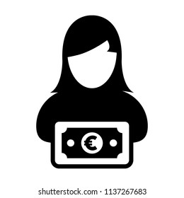 Profit icon vector female user person profile avatar with Euro sign currency money symbol for banking and finance business in flat color glyph pictogram illustration