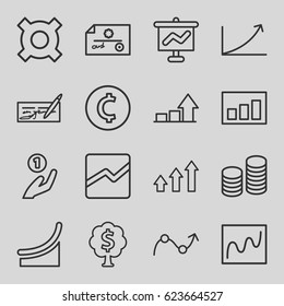 Profit icons set. set of 16 profit outline icons such as line chart, coin, graph, money tree, chart, coin on hand, check, graph on board