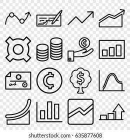 Profit icons set. set of 16 profit outline icons such as line chart, coin, graph, money tree, chart, hand on coin, check