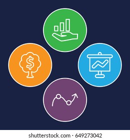 Profit icons set. set of 4 profit outline icons such as graph, money tree, graph on hand