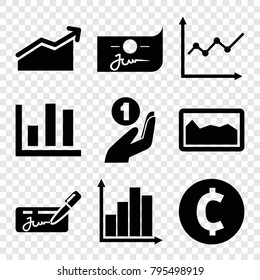 Profit icons. set of 9 editable filled profit icons such as chart, coin, coin on hand, check