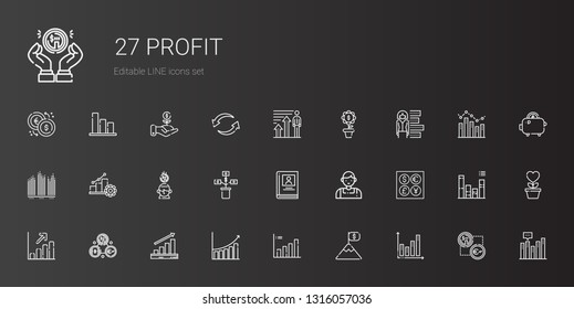 profit icons set. Collection of profit with bar chart, goal, profits, exchange, coins, salesman, biography, growth, saving, progress, savings. Editable and scalable profit icons.