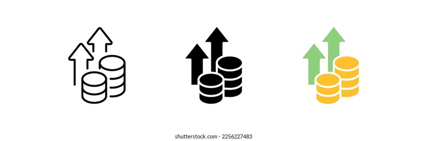 Juego de iconos de beneficio. Dinero, aumento, capital, ganancias, monedas, flecha, negocios, trabajo, gráfico, inversión, acciones, fondo, comercio, presupuesto. concepto de finanzas. icono de línea vectorial en estilos diferentes