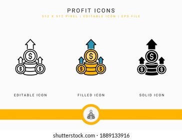 Profit icons set vector illustration with solid icon line style. Investment increase concept. Editable stroke icon on isolated white background for web design, user interface, and mobile application