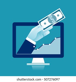 Profit. Illustration of a hand holding dollar banknote coming out from computer monitor.