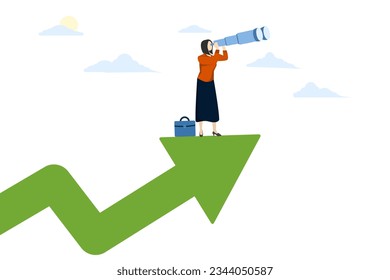 profit and income forecast concept, Business or investment opportunity and market prediction, future growth or career development vision, woman climbing arrow with big telescope binoculars.