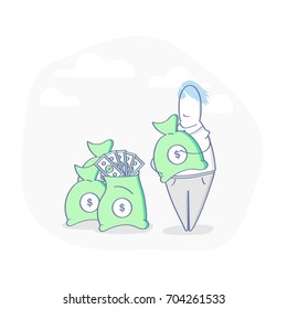 Profit, Income, Investment Or Savings Business Concept. Cute Cartoon Man Is Holding A Bag With Money. Flat Line Modern Vector Illustration, UX / UI Element For Web And Mobile Design.